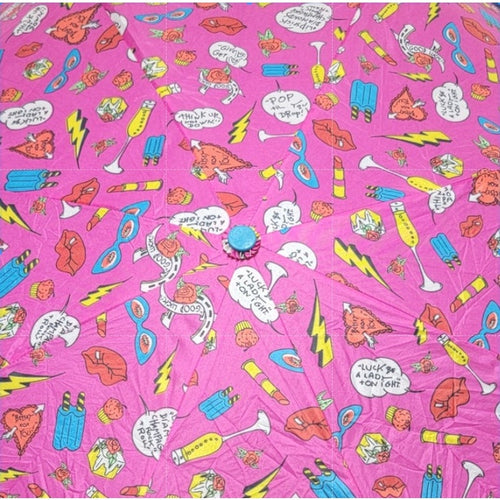 Betsy Johnson 42" Pink & Blue Umbrella "Lipstick Diamonds Champagne Rock & Roll"