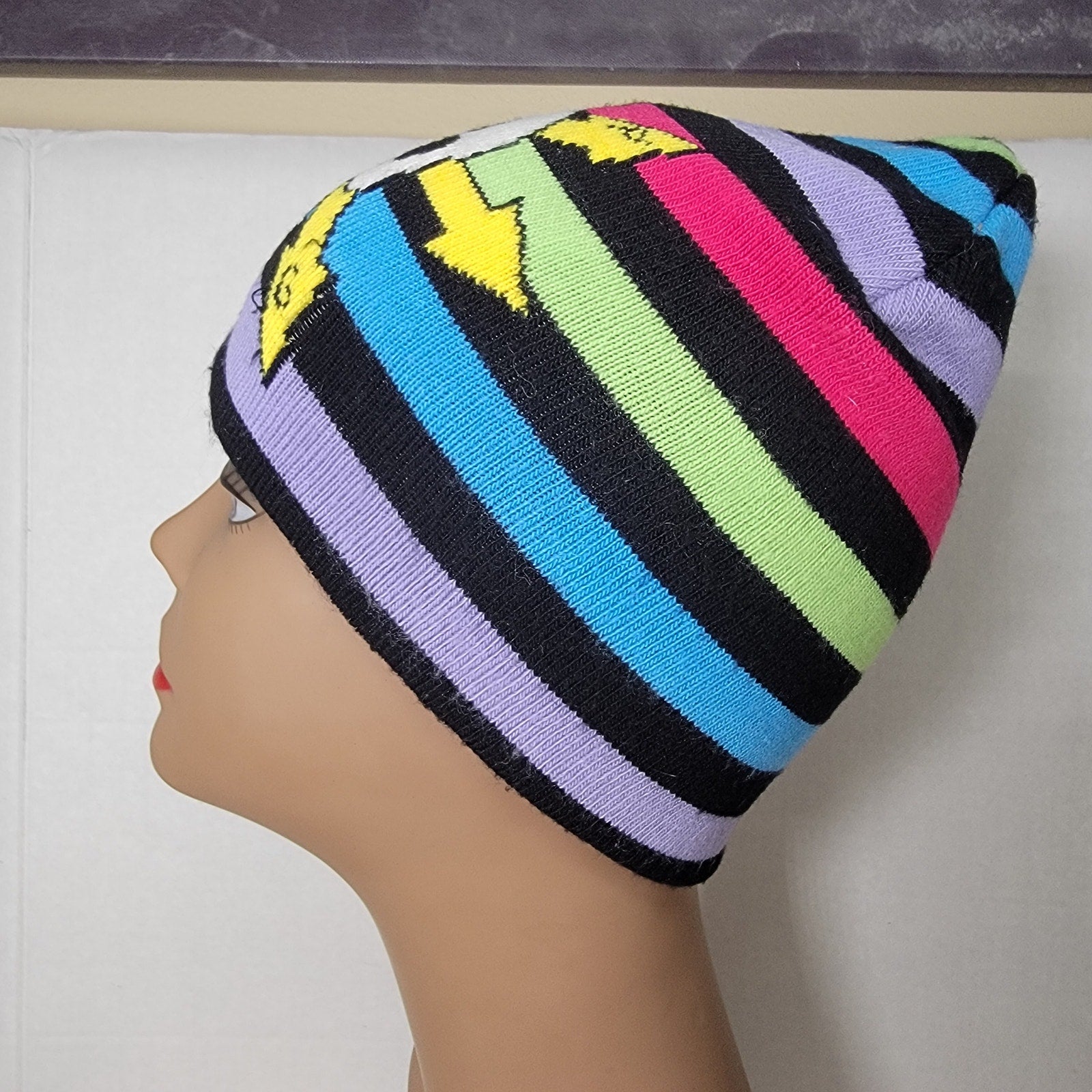 Multi-Color Stripe Knit Beanie w/ XIII Skull and Chaos Star Symbol