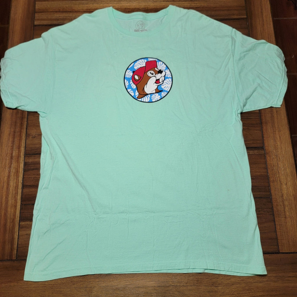Buc-ee's Teal Tee Texas Parrot w/ a Buc-ee's Drink - Size AXL