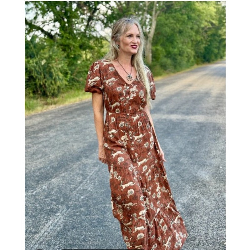 Cotton & Rye Full Button Front Dress w/ Flowers & Running Jackalopes - Large