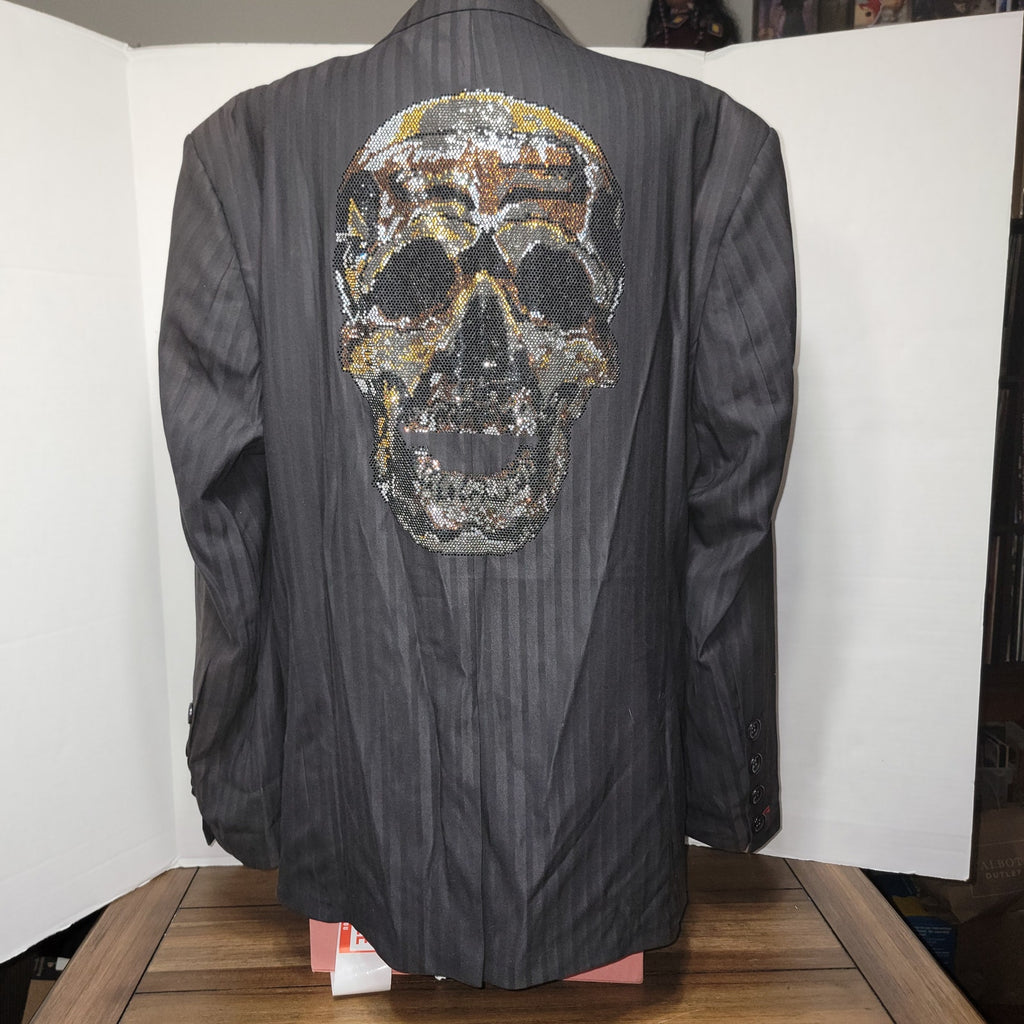 Artine Black Pinstripe 1-Button Suit Blazer w/ Bling Skull on Back - Size XL