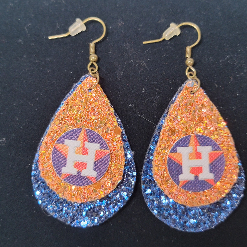 Houston Astros Orange and Blue Tear Drop Glitter Hook Earrings