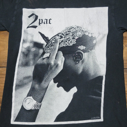 2Pac Black Unisex Tee Side Profile Flip Off - Size Small