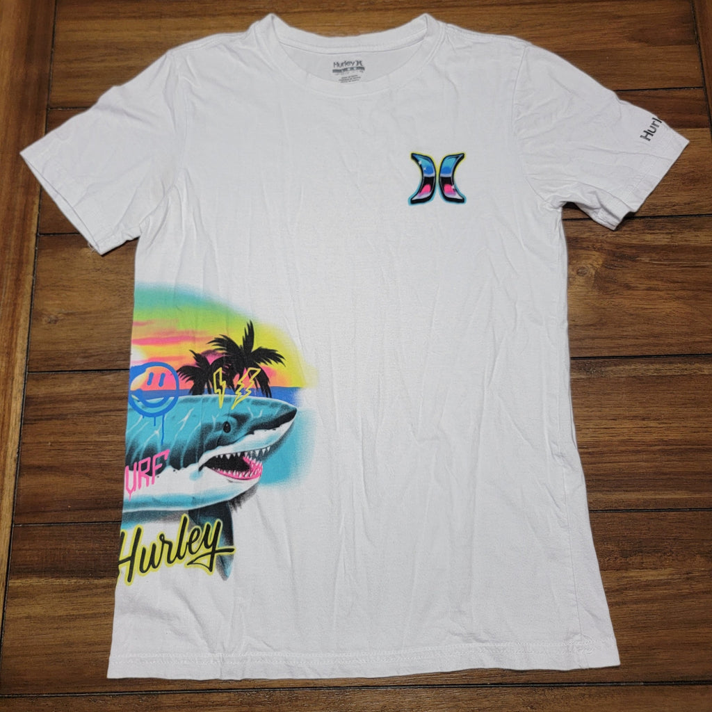 Hurley Kids White Tee Side Shark Surf - Size Large (12-13 Yrs)