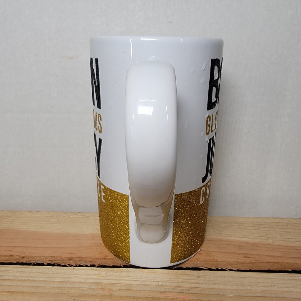 Juicy Couture Tall White Ceramic Mug w/ Gold Glitter "Born Glamorous"