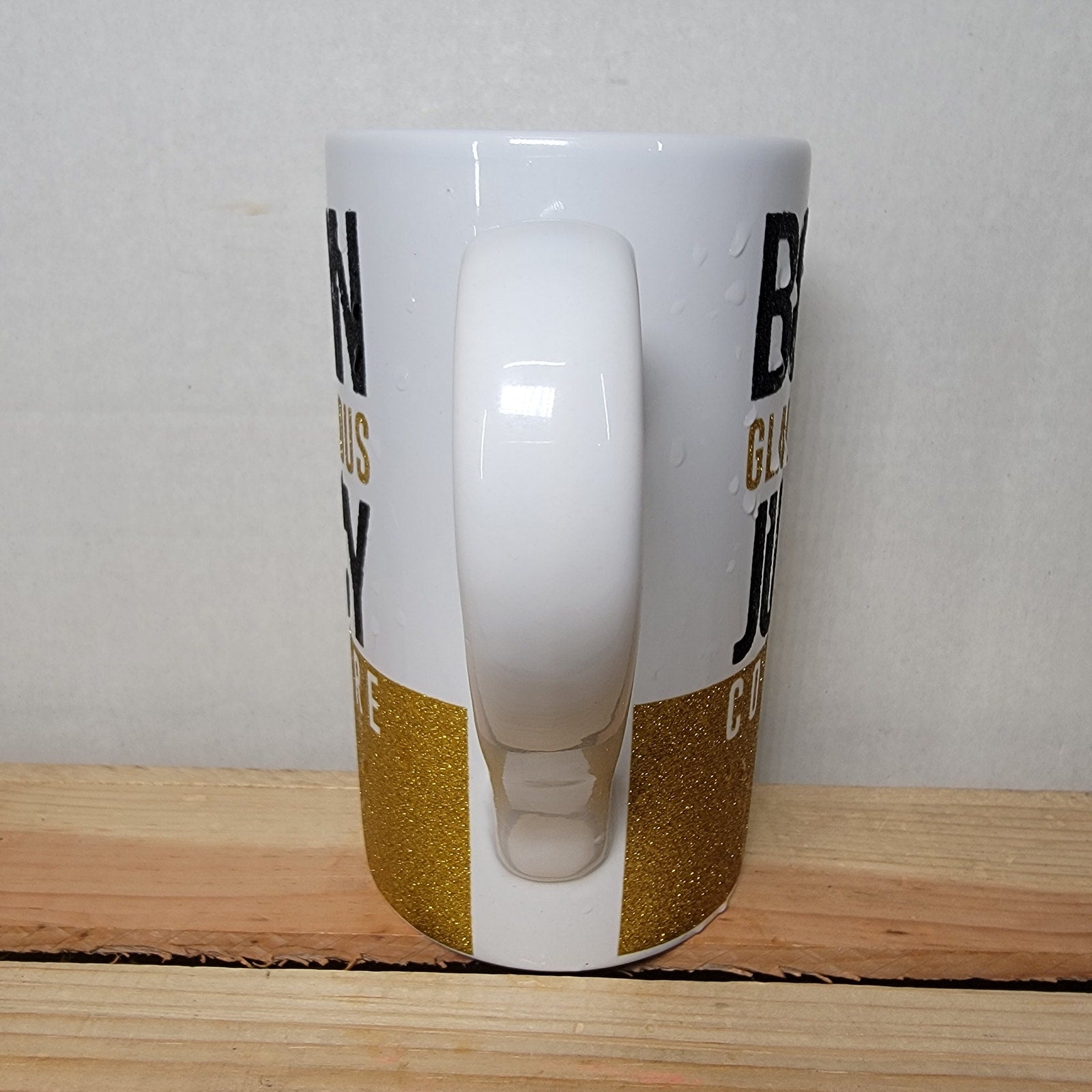 Juicy Couture Tall White Ceramic Mug w/ Gold Glitter "Born Glamorous"