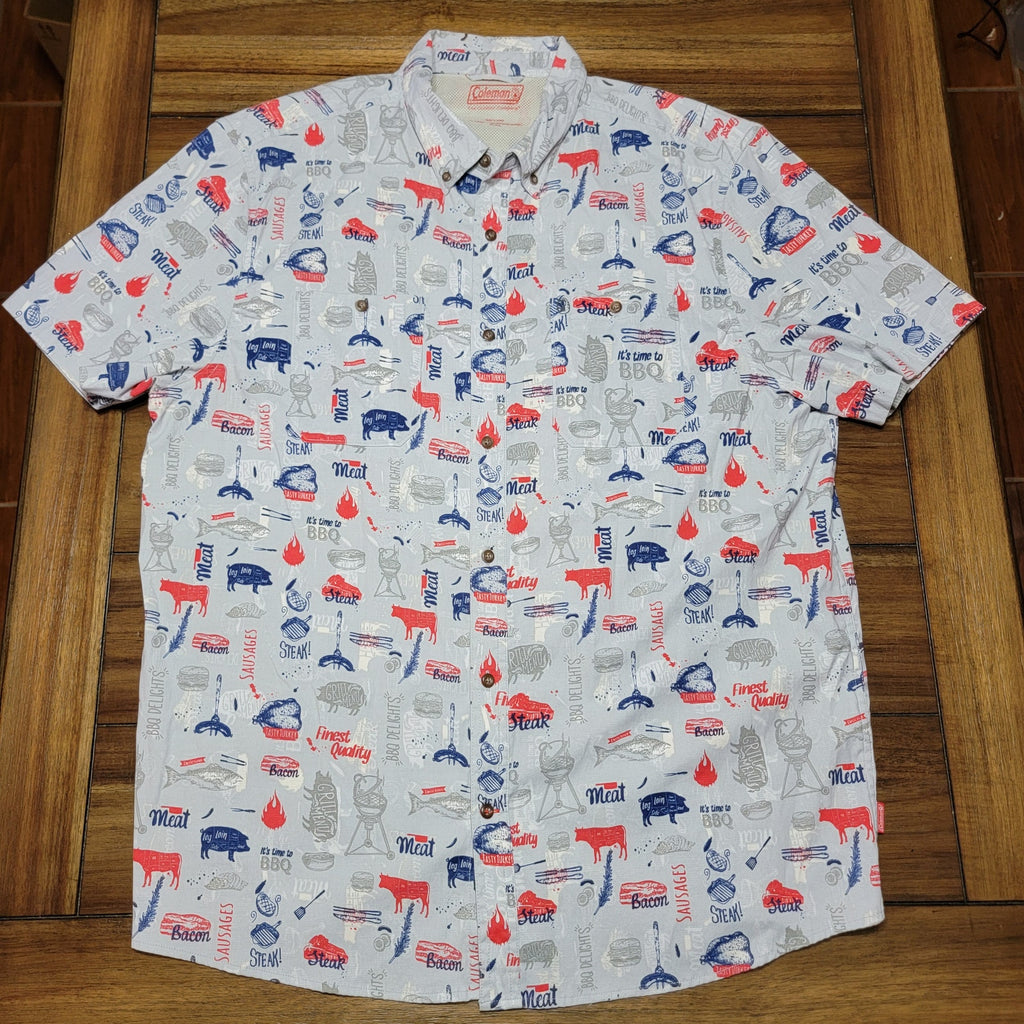 Coleman Lt Blue Button Up Shirt Grilling Meats - Size XXL
