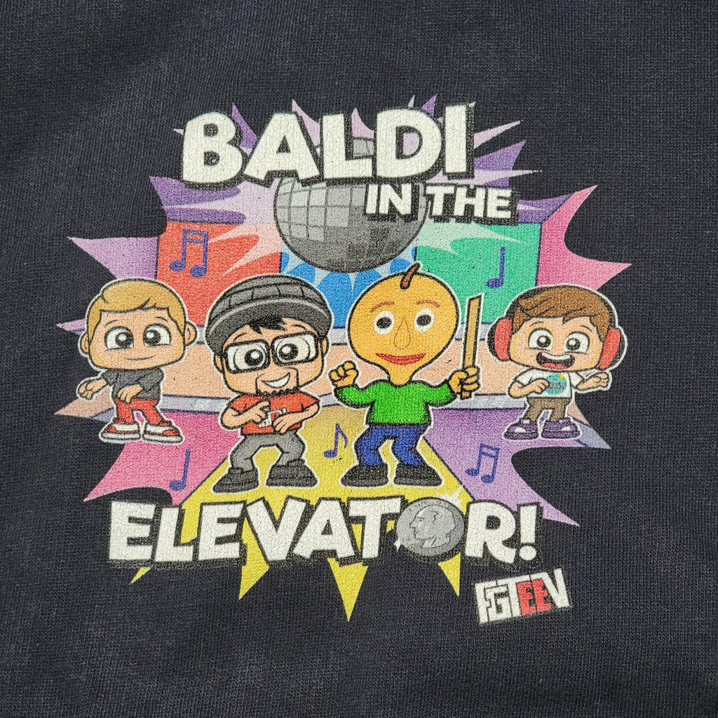 Premium Kids Black Pullover Hoodie "Baldi In The Elevator!" - Size Medium