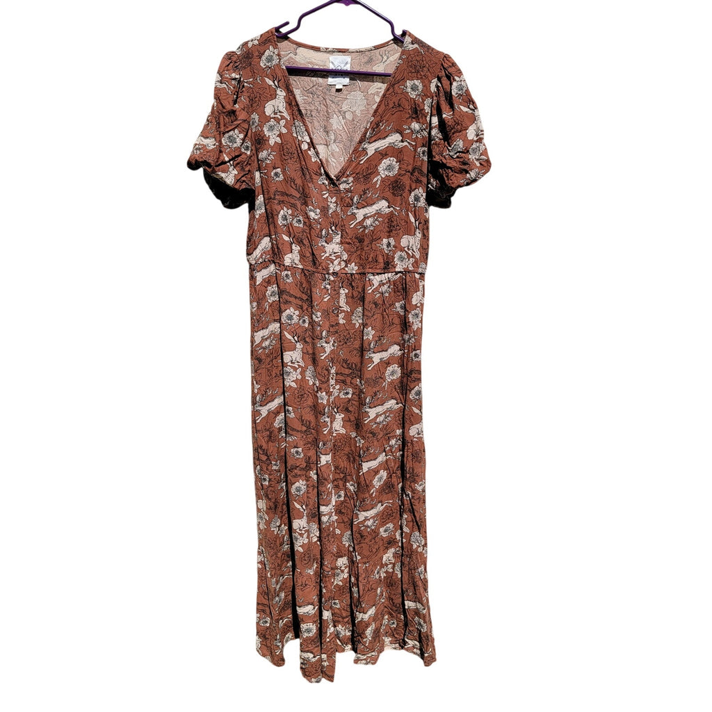 Cotton & Rye Full Button Front Dress w/ Flowers & Running Jackalopes - Large