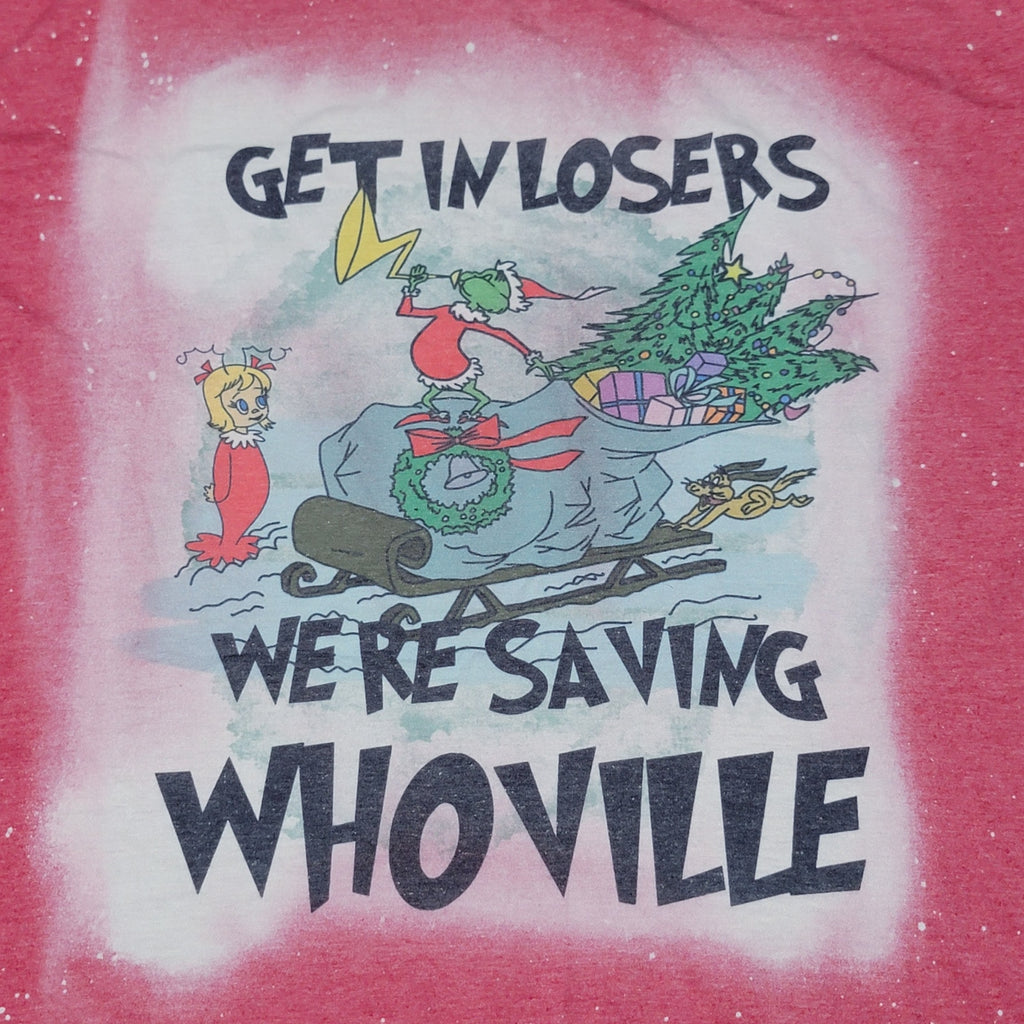 Dr. Seuss Red Bleach Dyed Unisex Christmas Tee "Get In Losers.." - Size XL