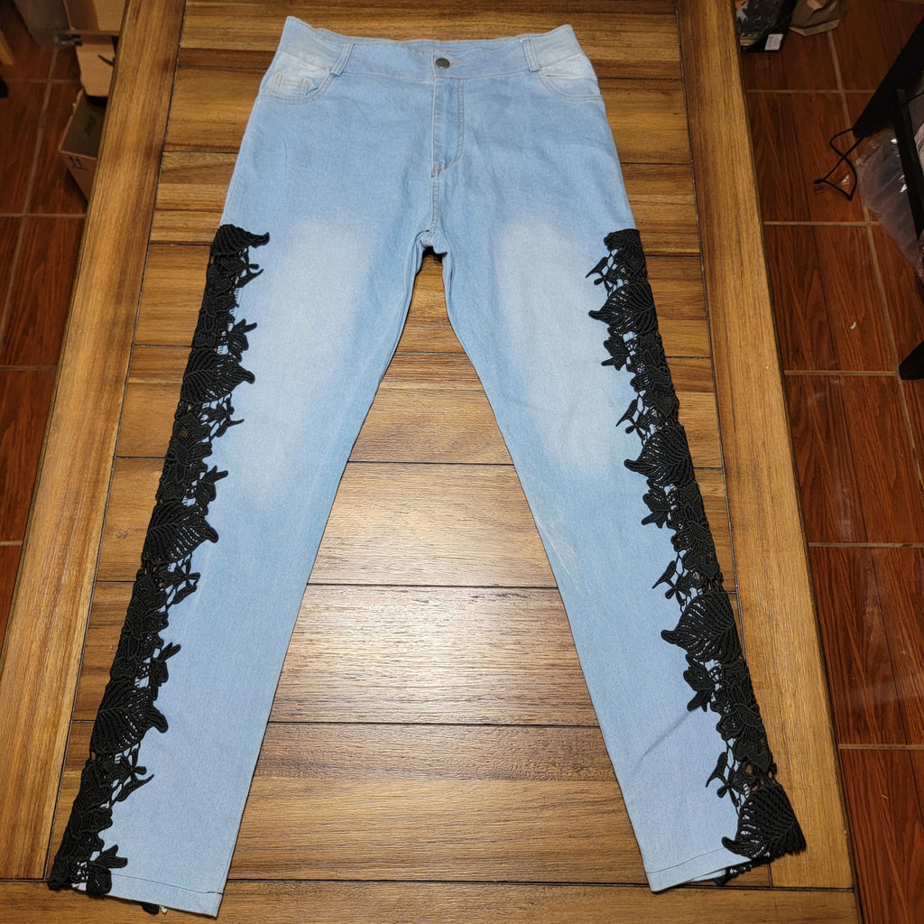 Thin Blue Denim Jeans w/ Black See-Through Lace on Side Legs - Size XL