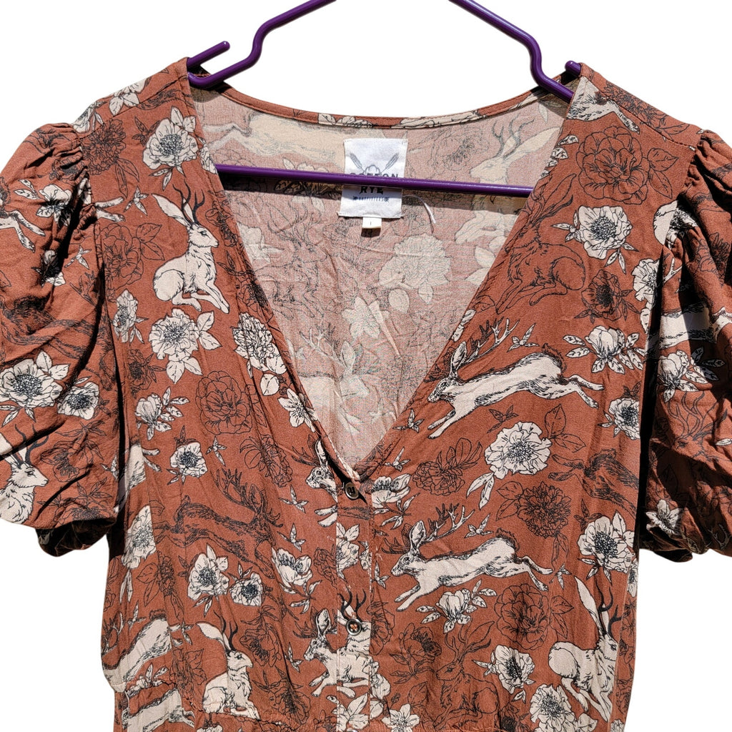 Cotton & Rye Full Button Front Dress w/ Flowers & Running Jackalopes - Large