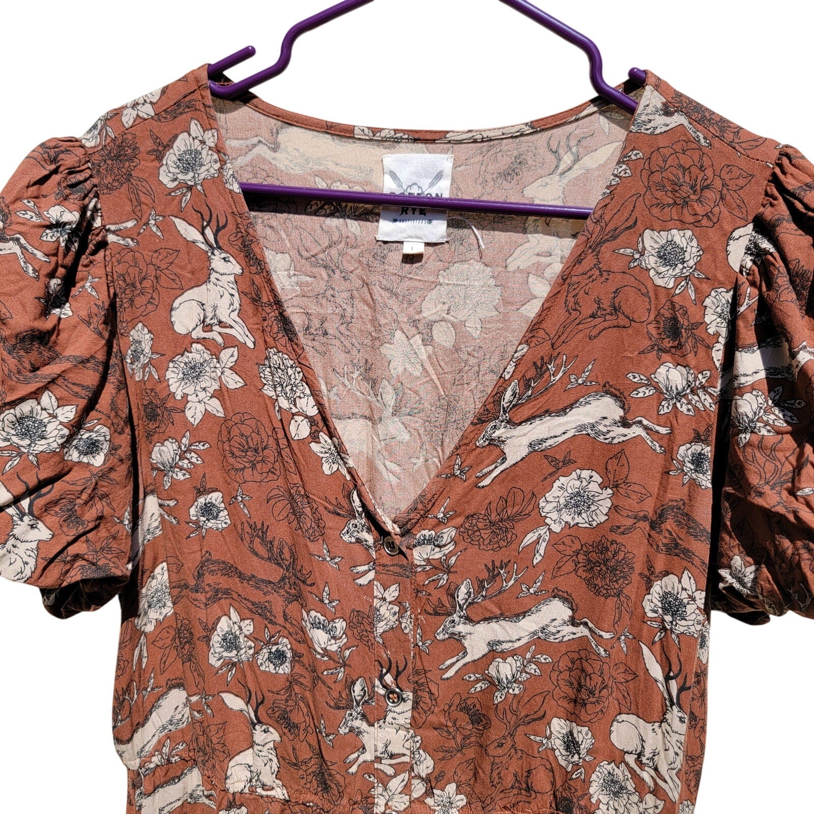 Cotton & Rye Full Button Front Dress w/ Flowers & Running Jackalopes - Large