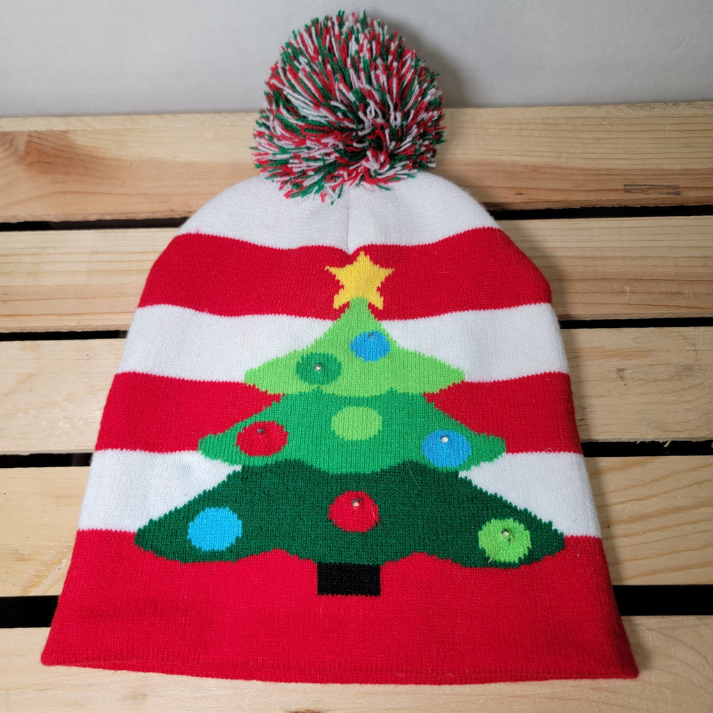 Red & White Stripe Christmas Knit Hat w/ Lights & Pom