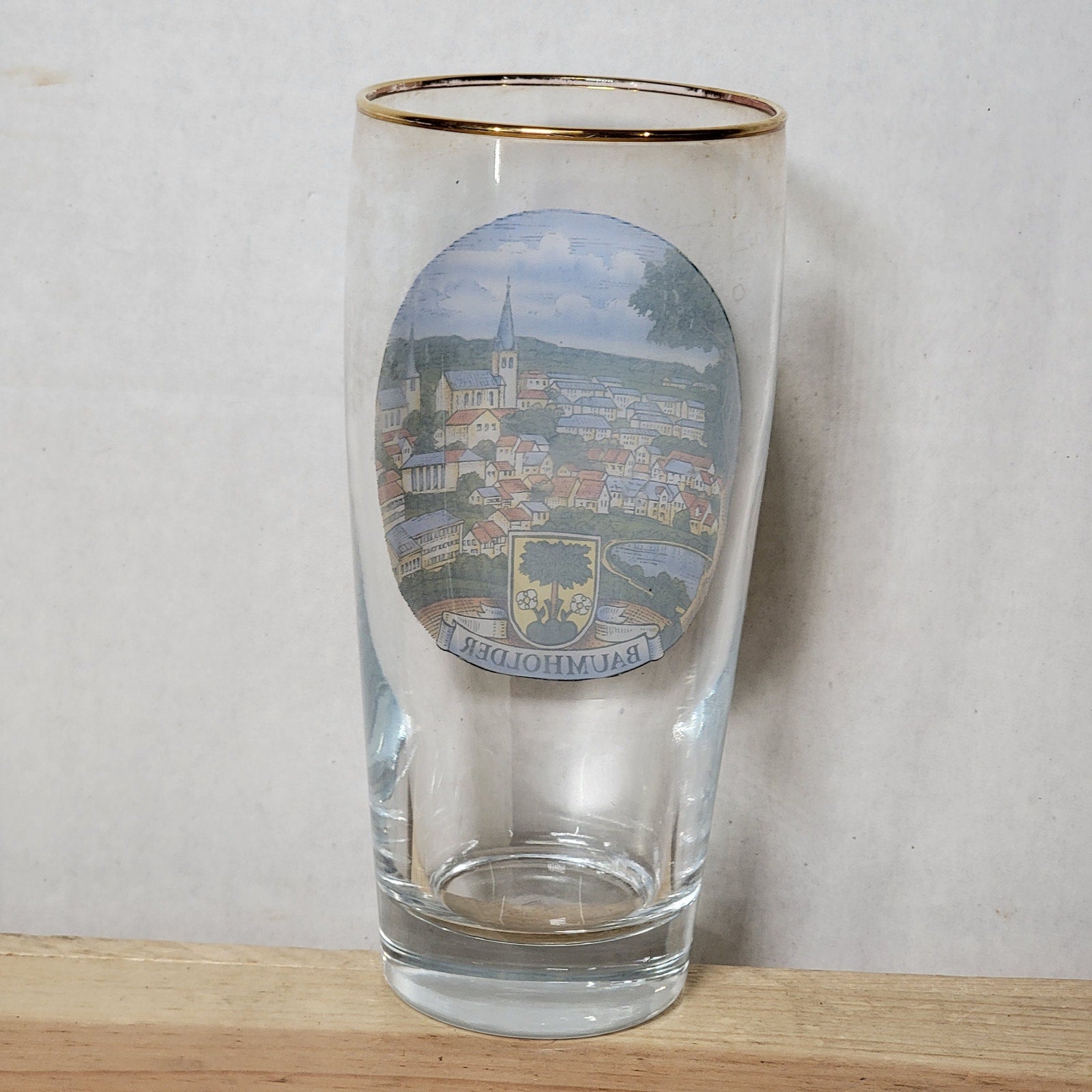 VINTAGE German Souvenir Beer Glass w/ Gold Rim "Baumholder"