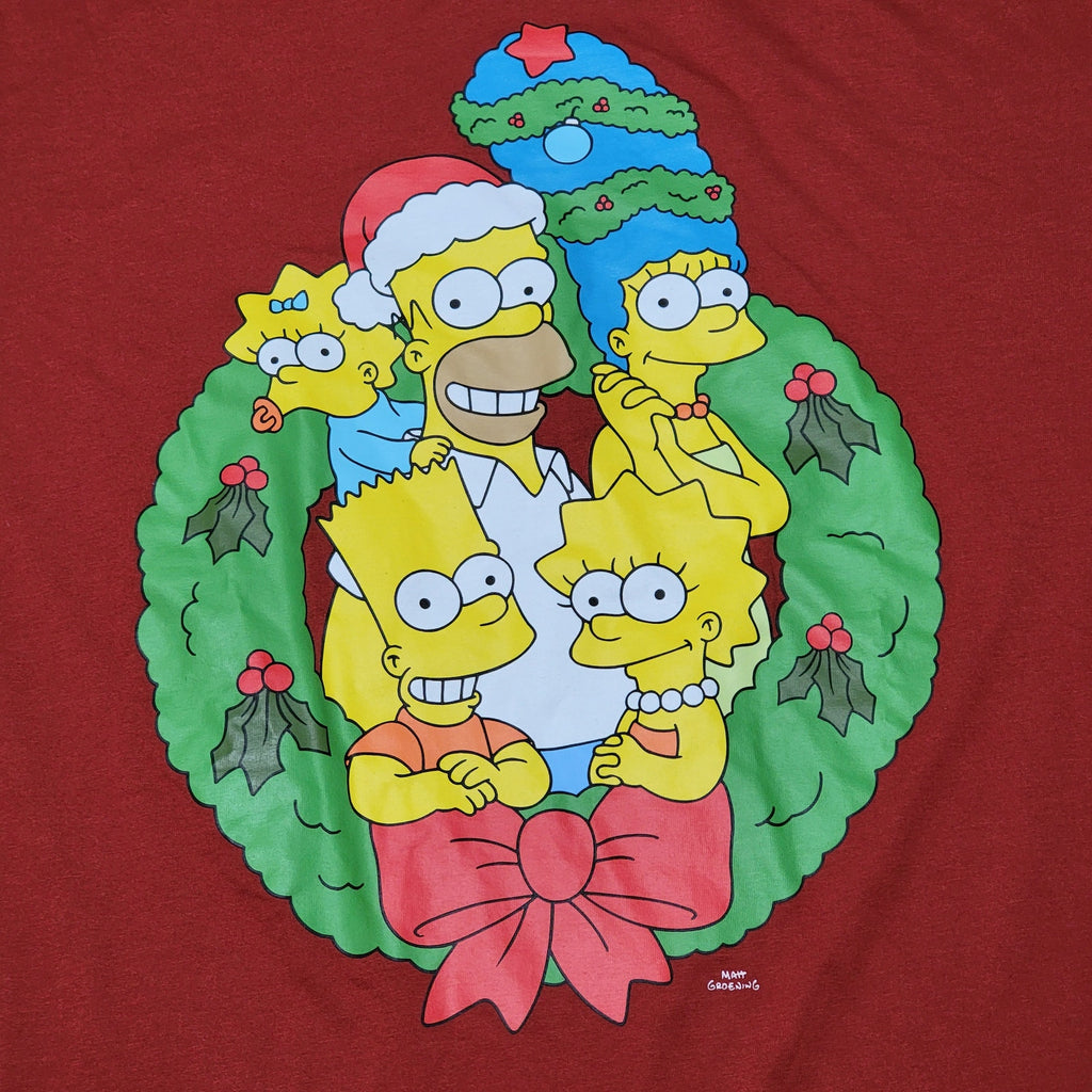 The Simpsons LS Red Christmas Tee Family Pic in Wreath - Size XL