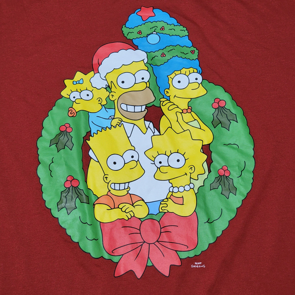 The Simpsons LS Red Christmas Tee Family Pic in Wreath - Size XL