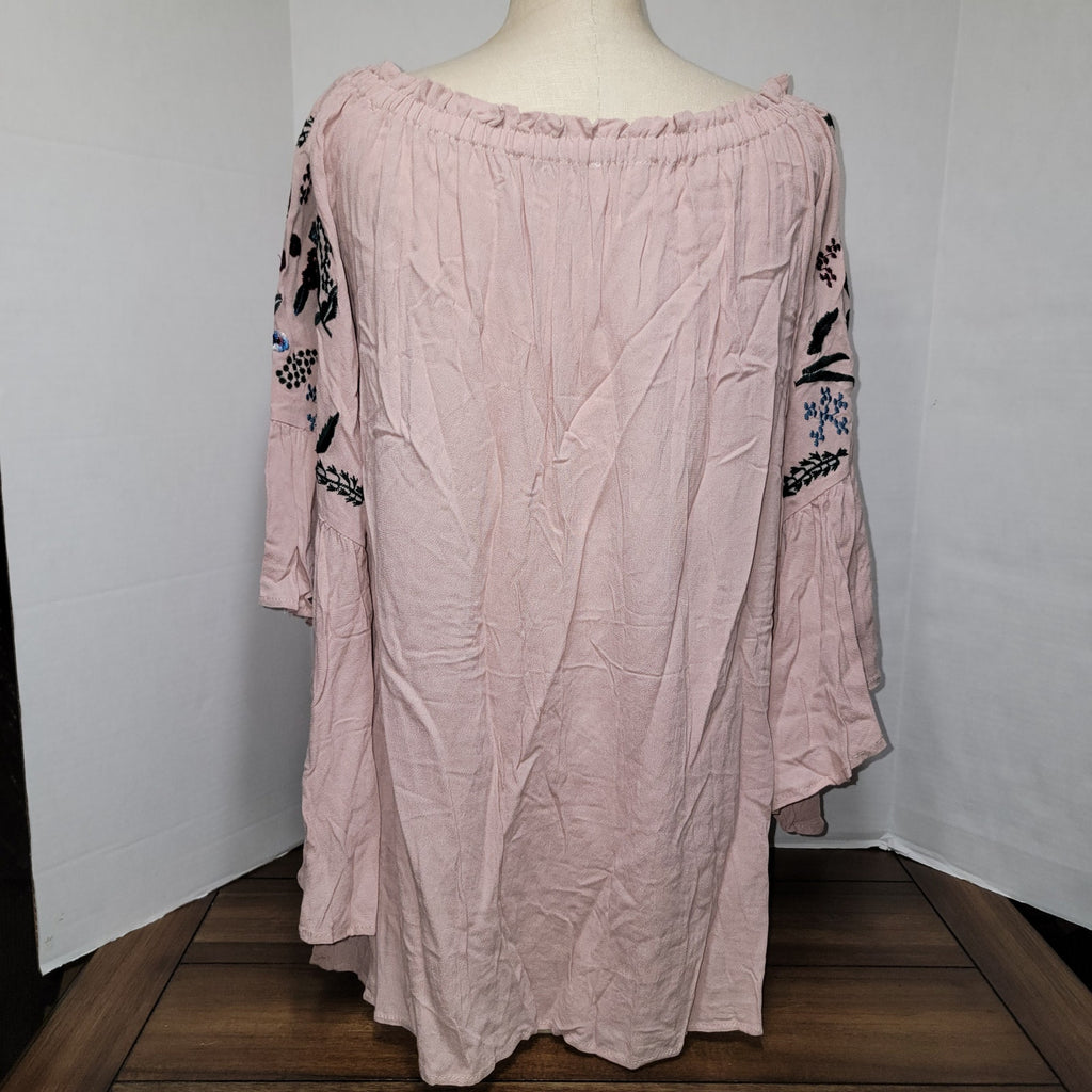 Altar'd State Long Pink Embroidered Blouse w/ Flared Sleeves - Size Small