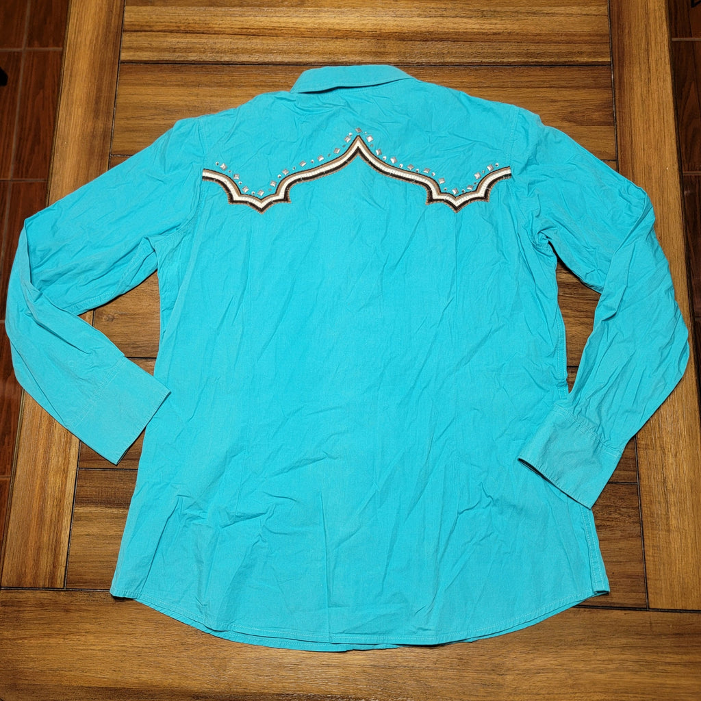Ariat LS Pearl Snap Teal Fitted Western Shirt w/ Bling - Size XL