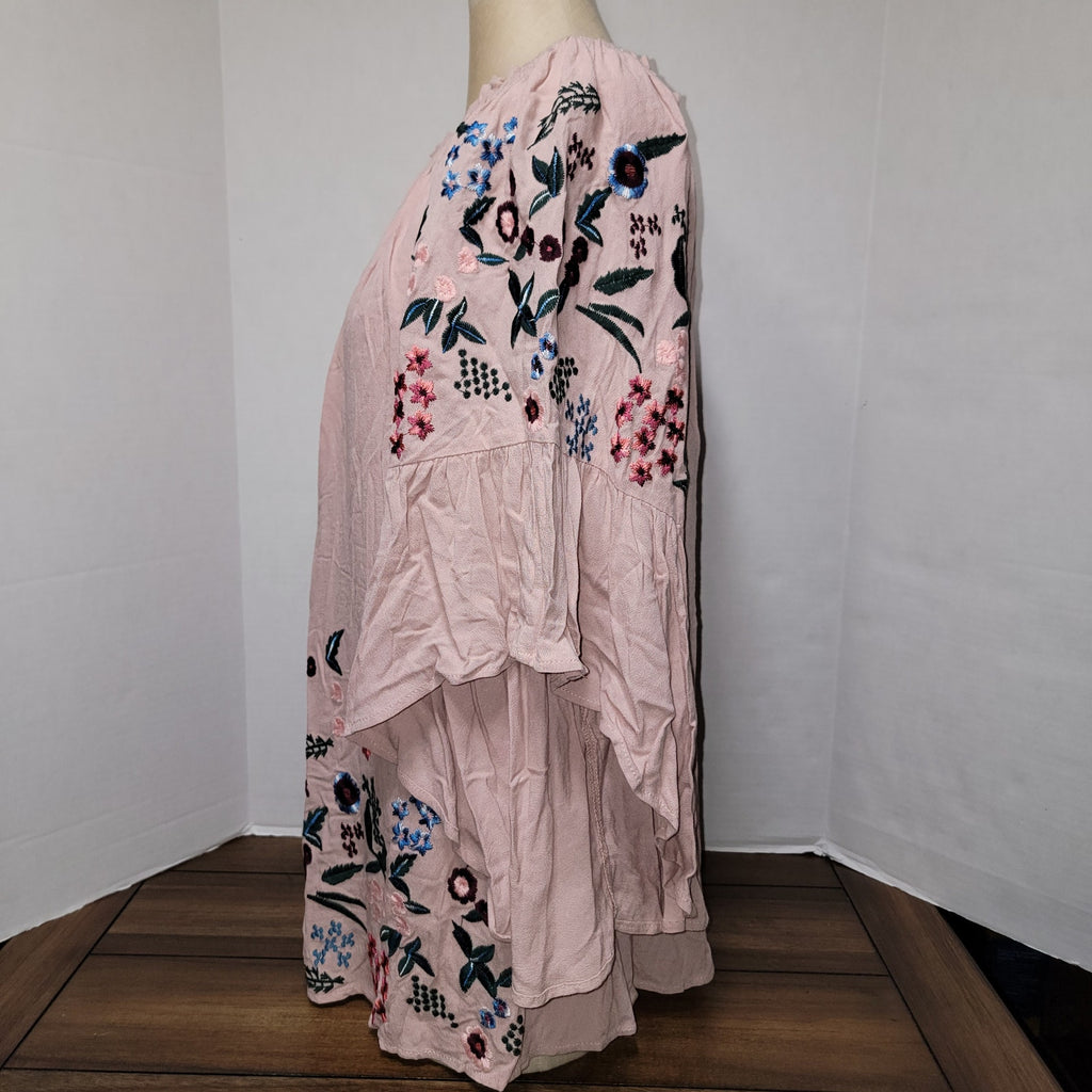 Altar'd State Long Pink Embroidered Blouse w/ Flared Sleeves - Size Small