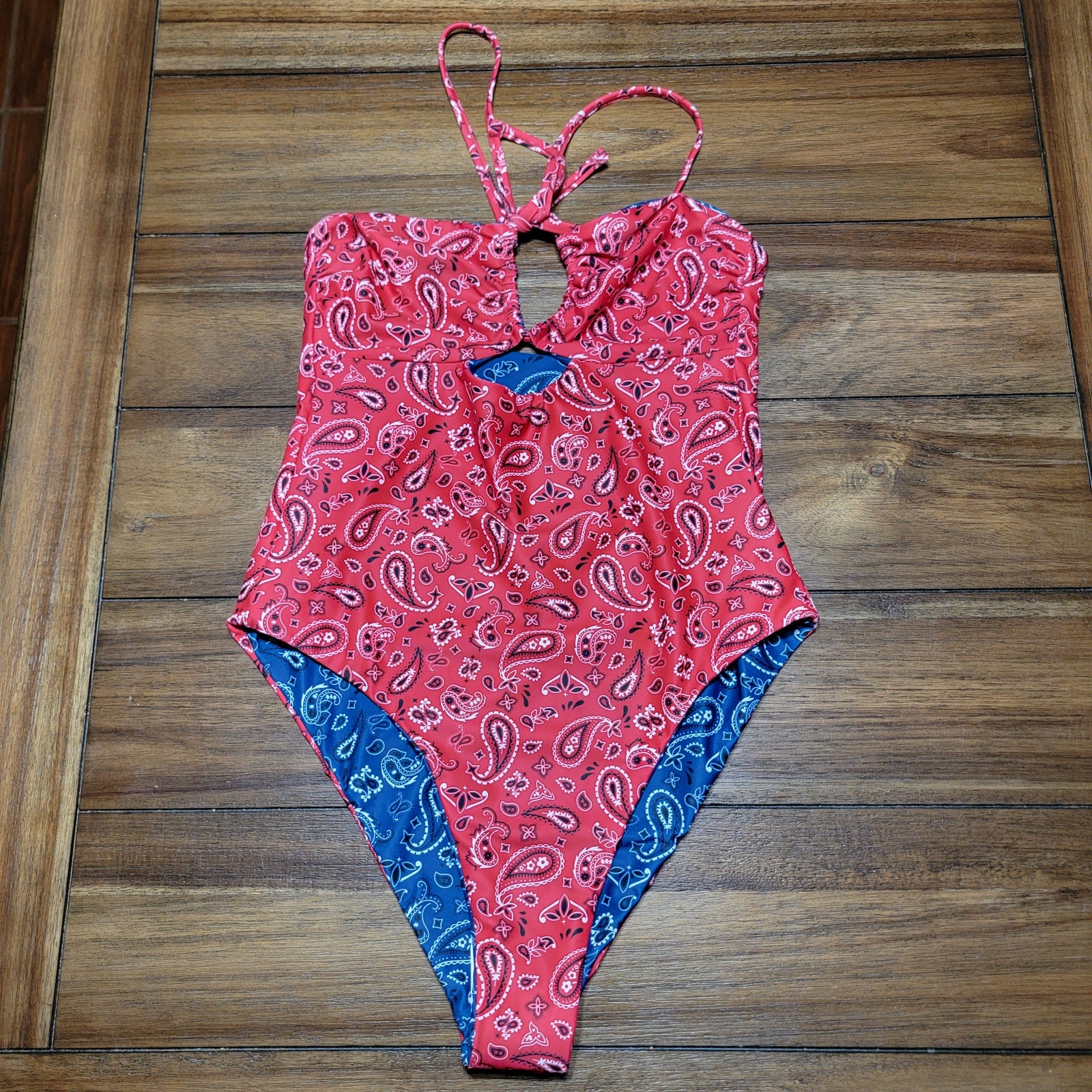 No Boundaries Red / Blue Bandanna Pattern Reversible 1 pc Swimsuit - Small