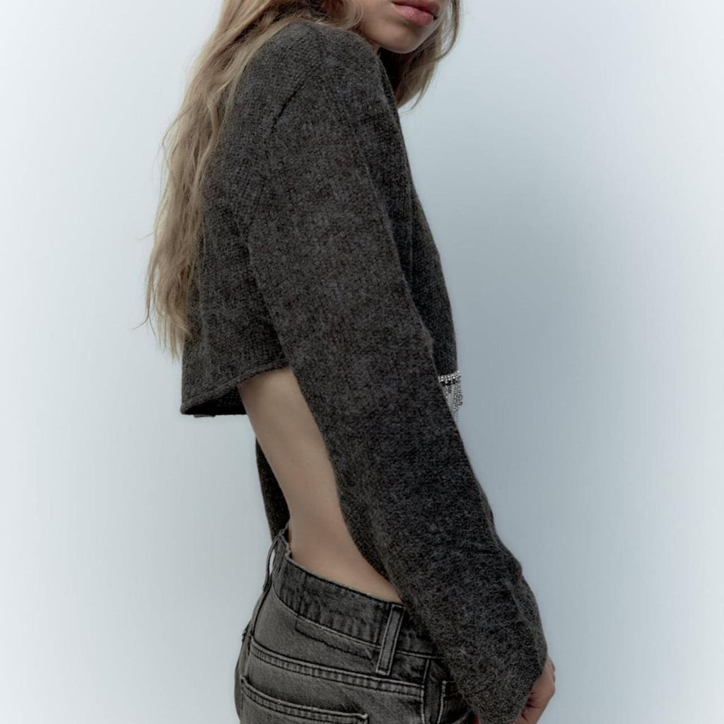 Zara LS Dark Grey Crop Sweater w/ Faux Diamond Hem - Size Medium