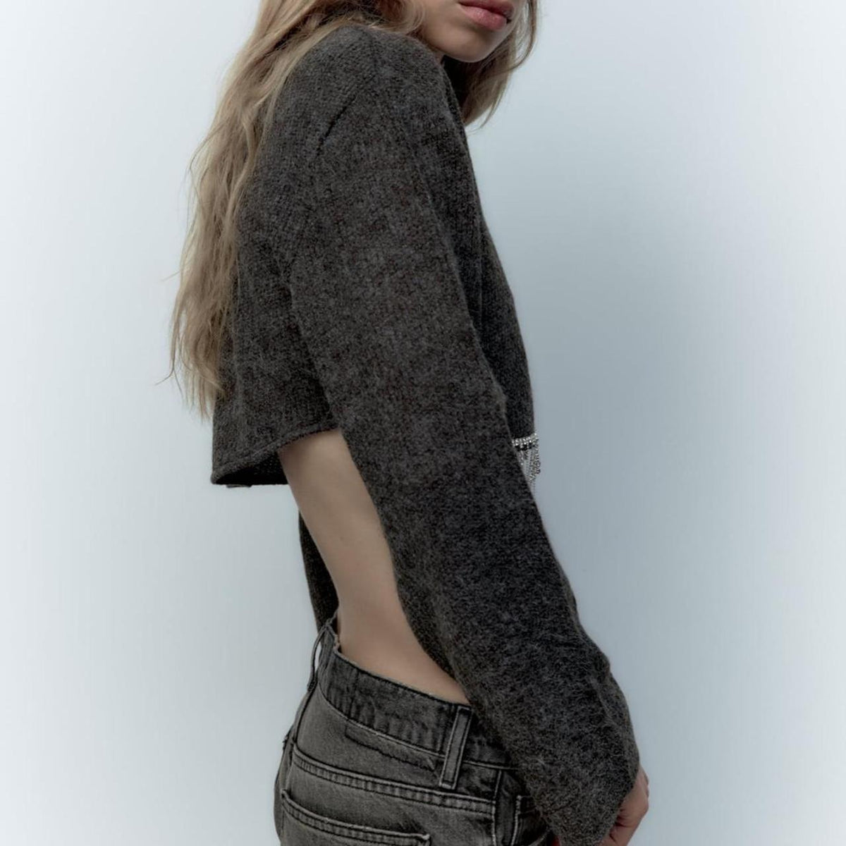 Zara LS Dark Grey Crop Sweater w/ Faux Diamond Hem - Size Medium