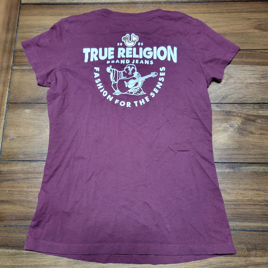 True Religion Burgundy V-Neck Tee "Fashion For The Senses" - Size Medium*