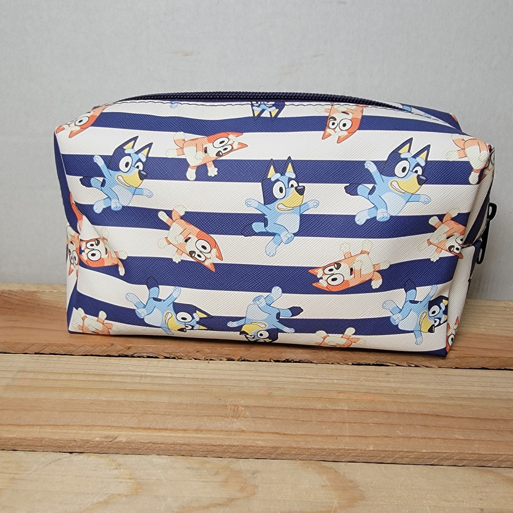 Bluey Blue & White Stripe Cosmetic Bag w/ All Over Characters & Zipper Closure
