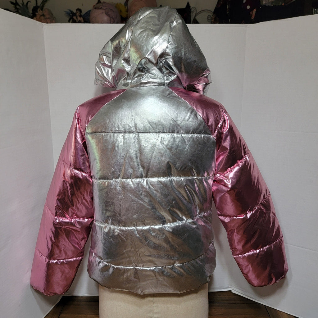 Old Navy Girls Full Zip Hooded Silver / Pink Shimmer Puffer Coat - XL (14-16)