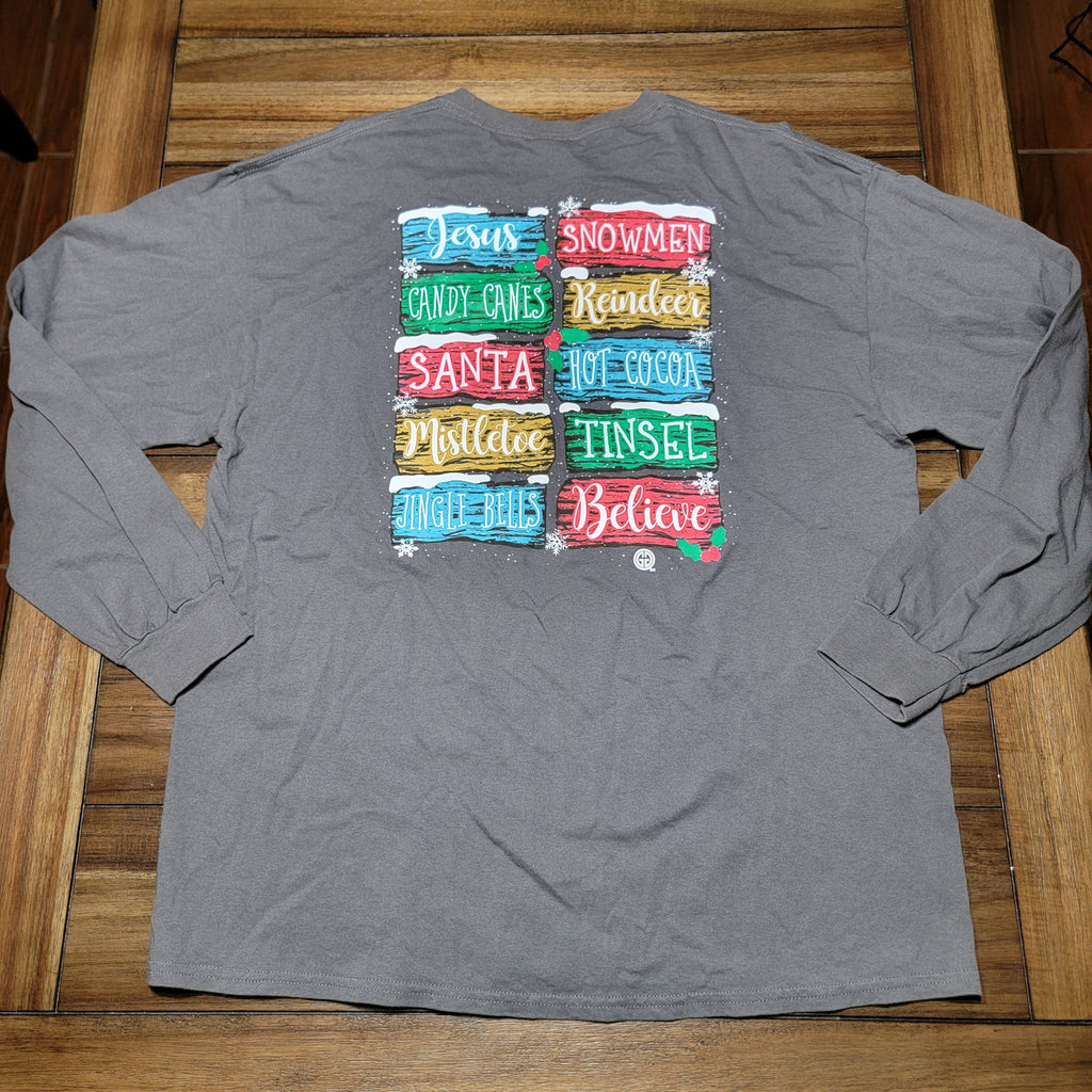 Girlie Girl Originals LS Grey Christmas Tee Holiday Signs - Size XL