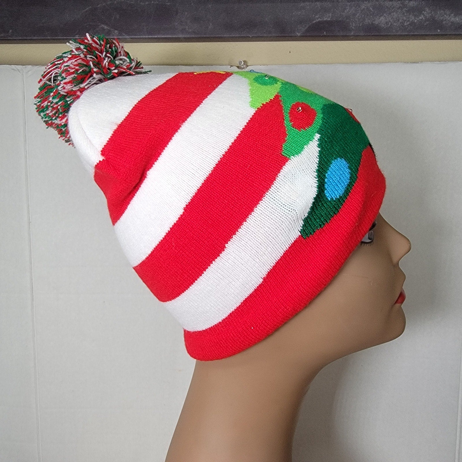 Red & White Stripe Christmas Knit Hat w/ Lights & Pom