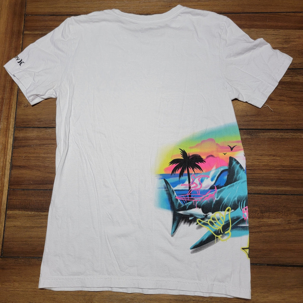 Hurley Kids White Tee Side Shark Surf - Size Large (12-13 Yrs)