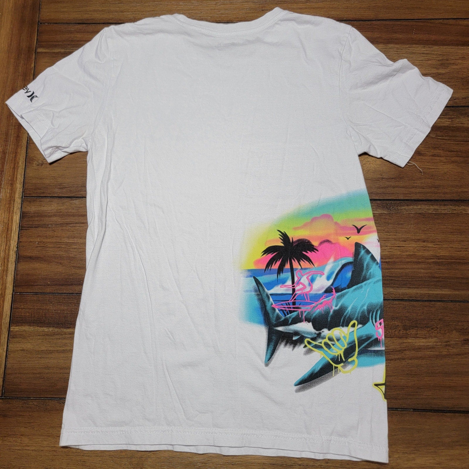 Hurley Kids White Tee Side Shark Surf - Size Large (12-13 Yrs)