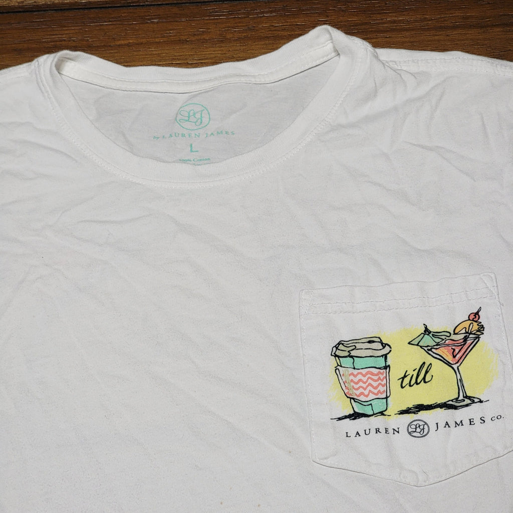 Lauren James Co White Tee - "Coffee Till Cocktails" - Size Large