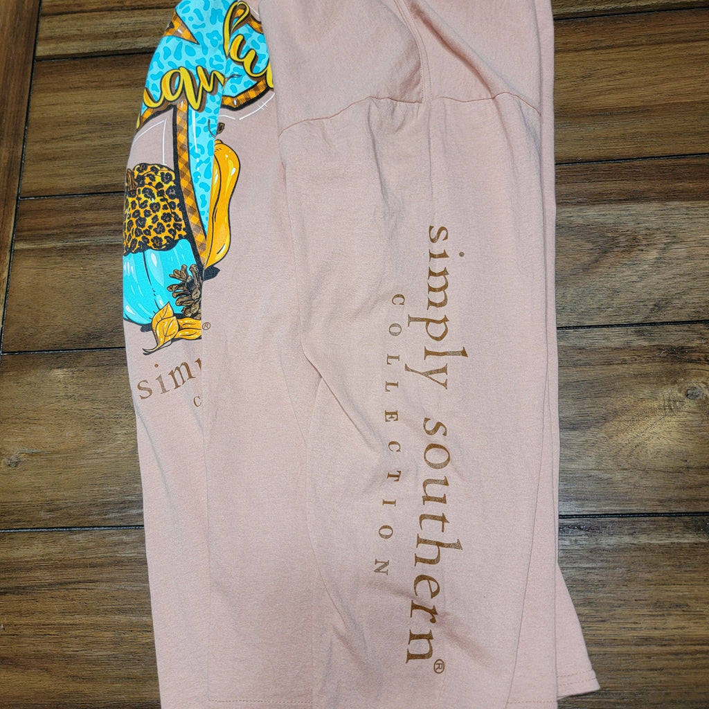 Simply Southern LS Peach Tee "Thankful-Grateful-Blessed" - Size Large
