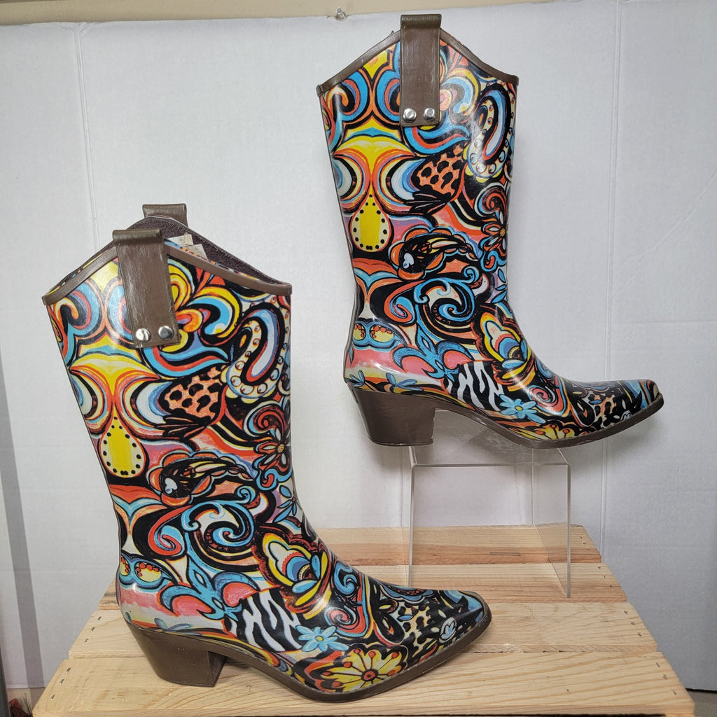Rain Bops by Beehive Rain Boots Western Style w/ Paisley Pattern - Size 7