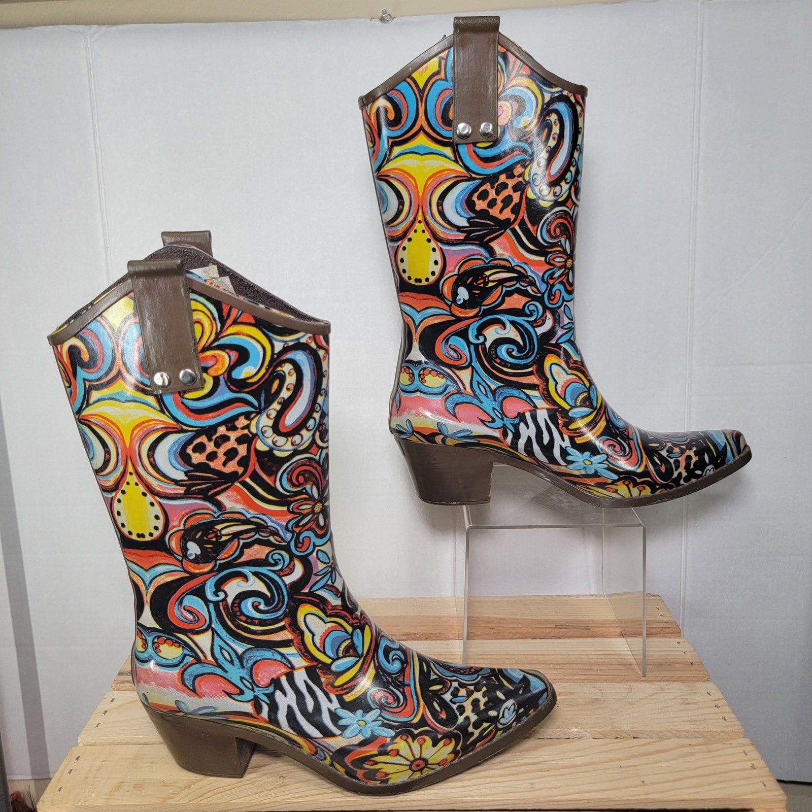 Rain Bops by Beehive Rain Boots Western Style w/ Paisley Pattern - Size 7