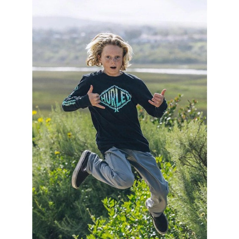 Hurley LS Youth Black Tee Blue Flame Diamond Logo - Size XL (13-15 Yrs)