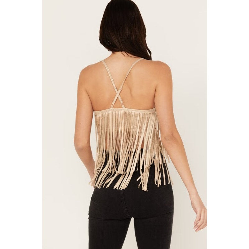 Shyanne Lt. Golden Women's Cropped Fringe Tank Top - Size Small