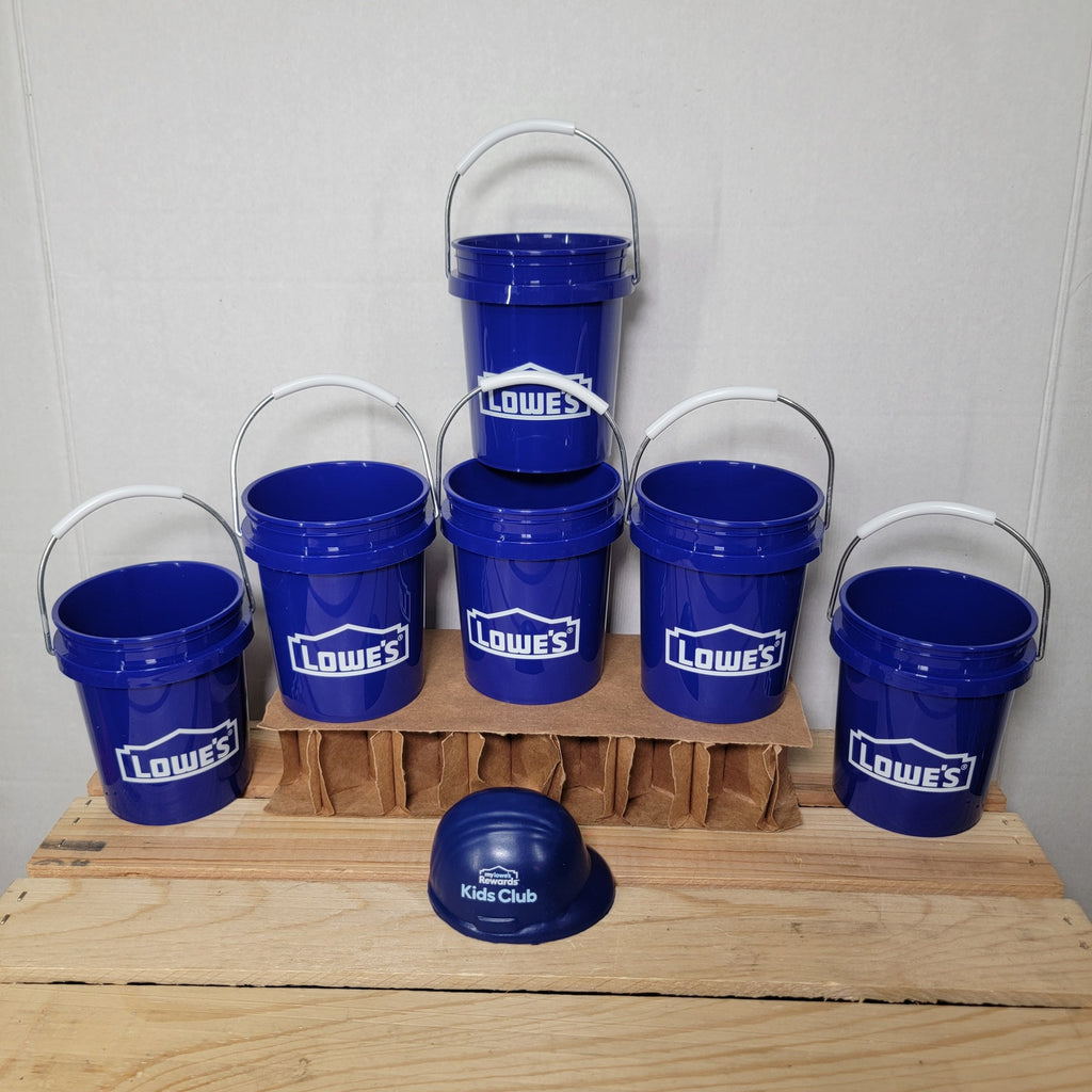 Set of 6 Mini Lowes Plastic Buckets w/ Handles and Kids Club Mini Rubber Hat