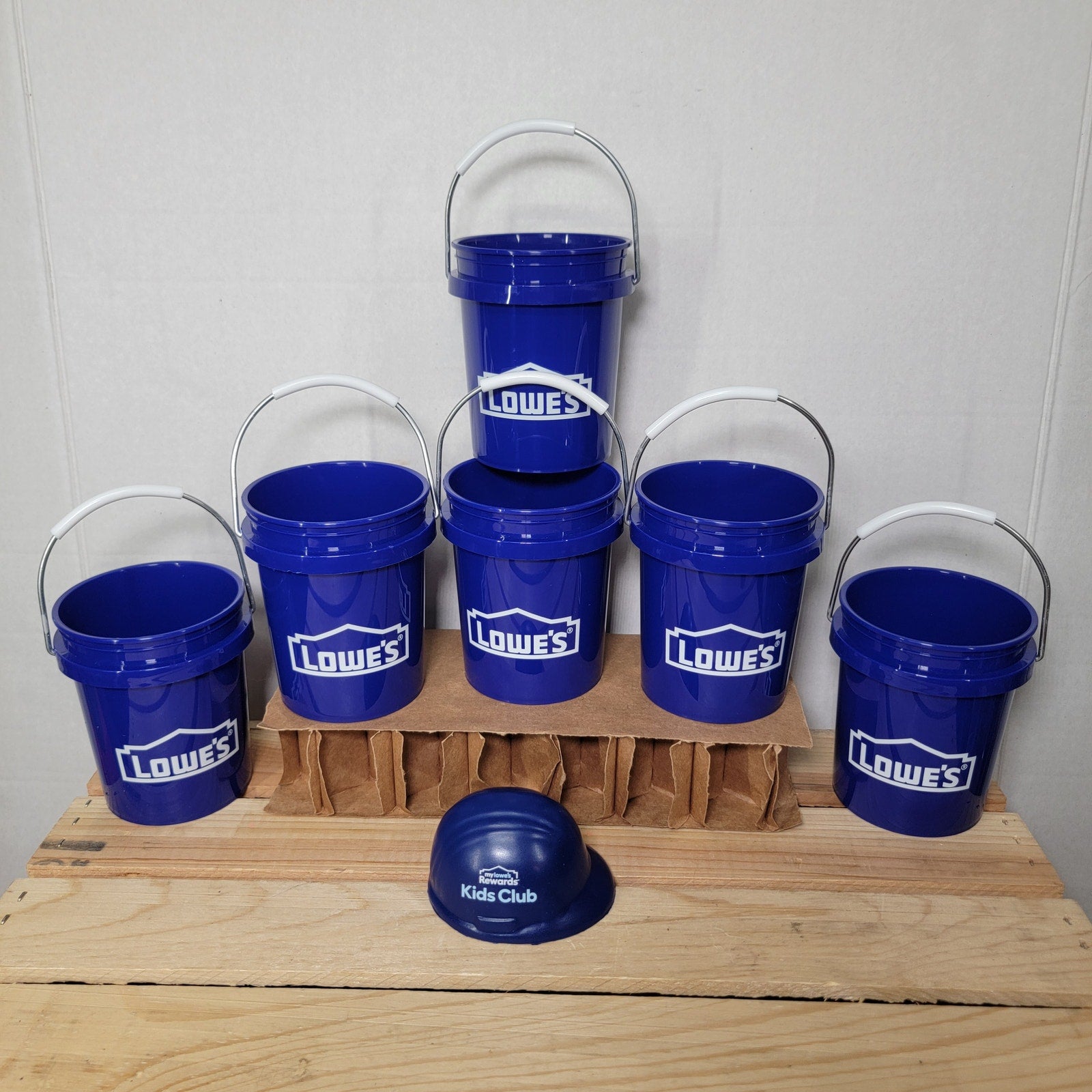 Set of 6 Mini Lowes Plastic Buckets w/ Handles and Kids Club Mini Rubber Hat