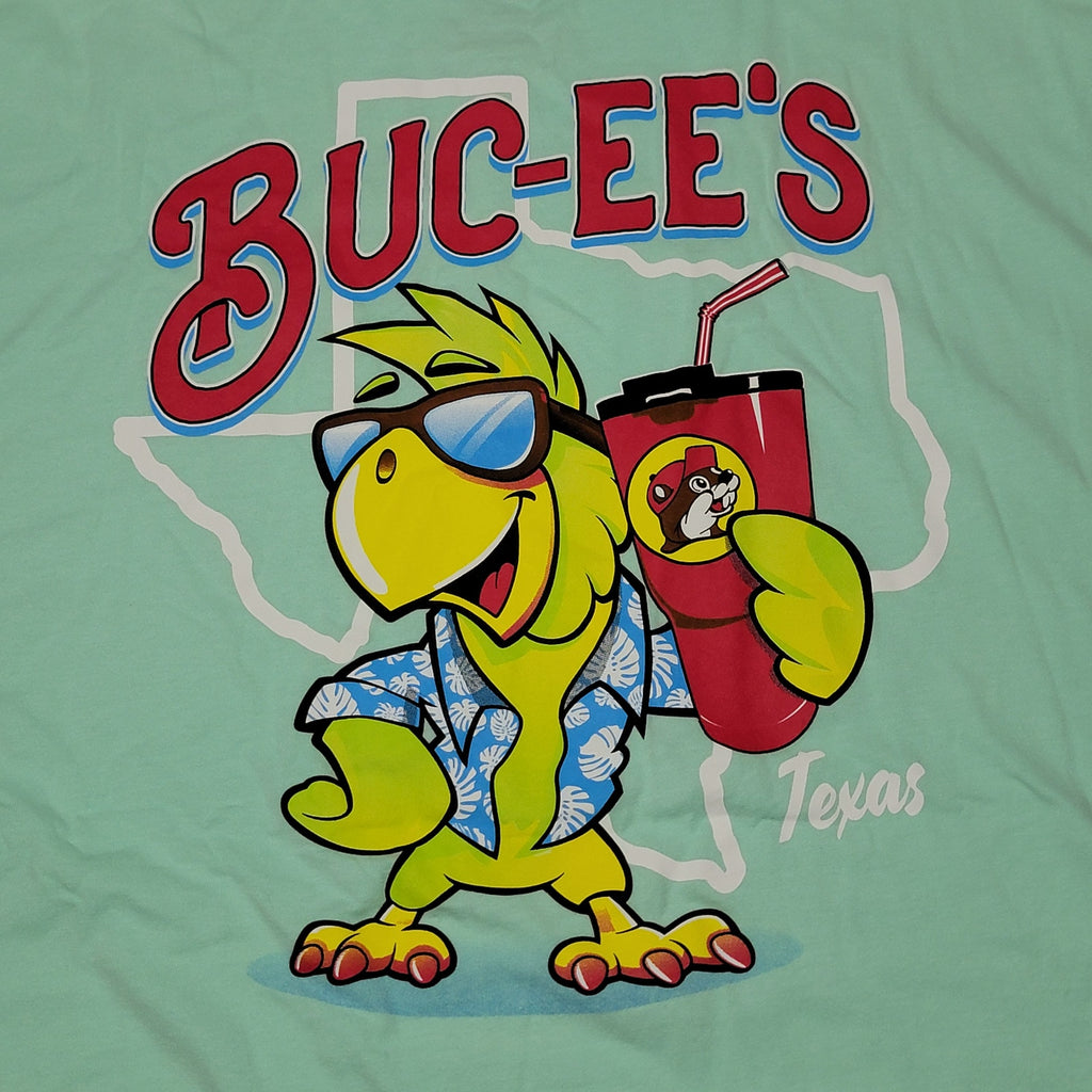 Buc-ee's Teal Tee Texas Parrot w/ a Buc-ee's Drink - Size AXL