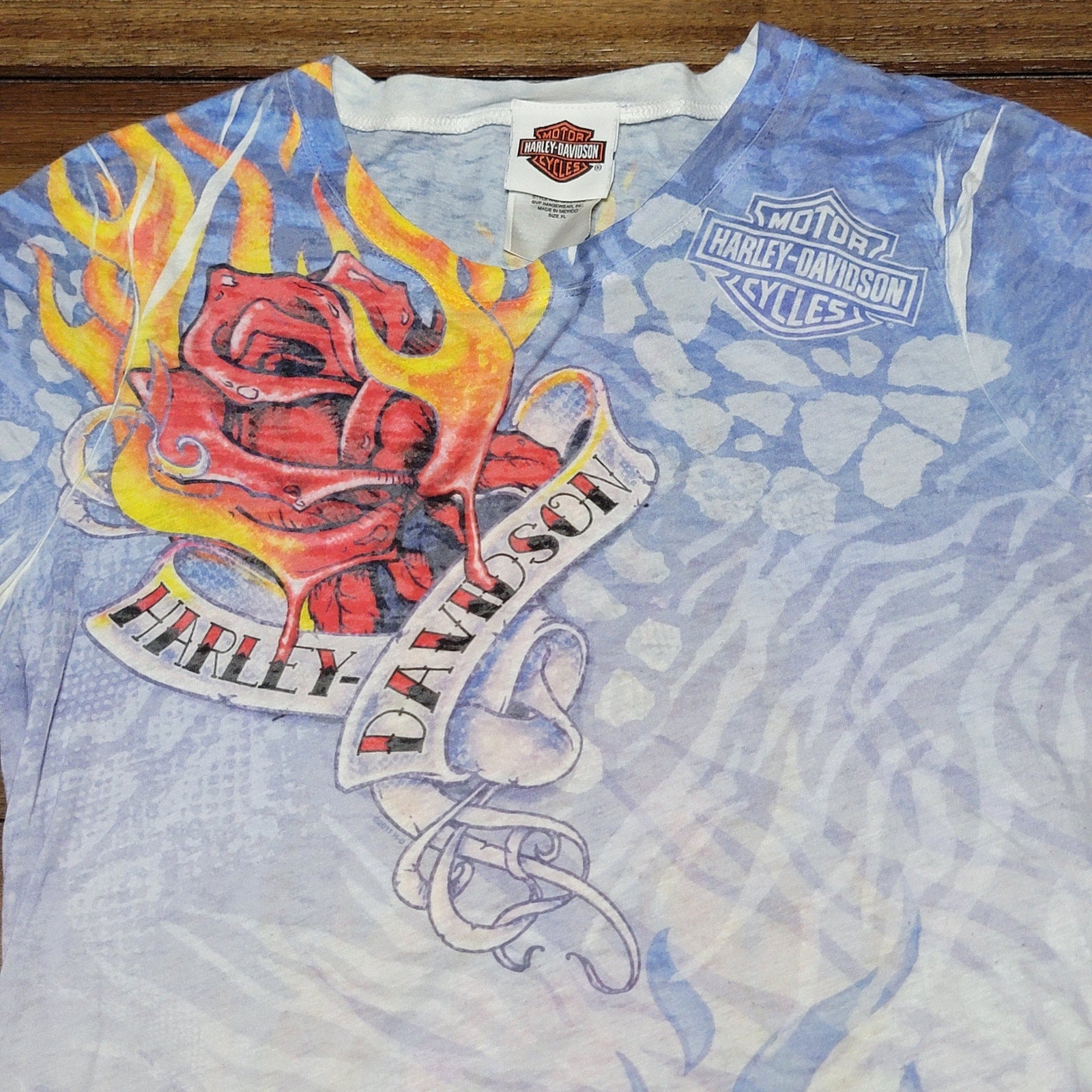 Harley-Davidson Lt. Blue Blouse Flame Roses - Size Junior XL