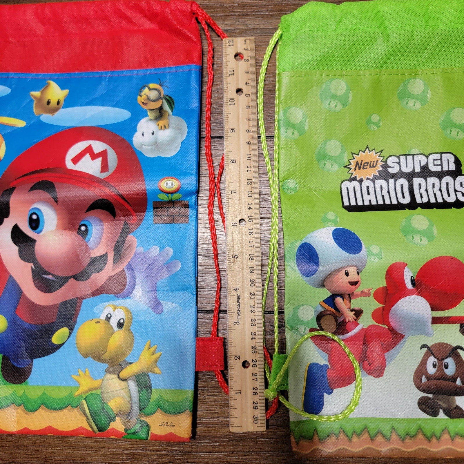 Set of 2 Super Mario Bros Drawstring Backpacks: Red & Green