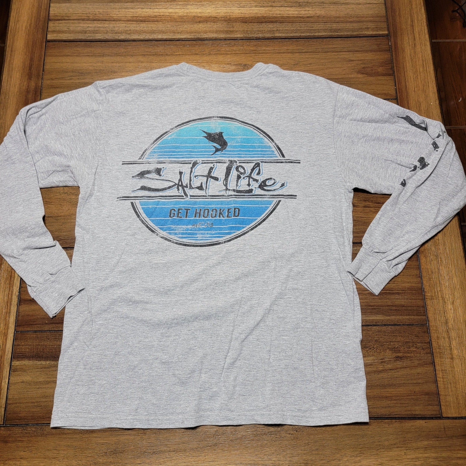 Salt Life LS Grey Unisex Tee "Get Hooked" - Size Medium