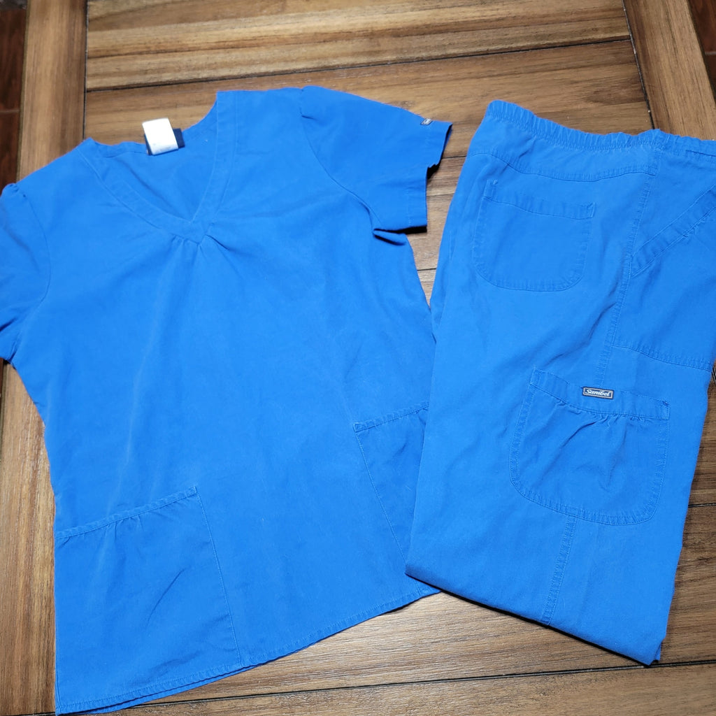 2 Pc Sanibel Scrubs Ladies Blue V-Neck & Draw String Pants - Size Small