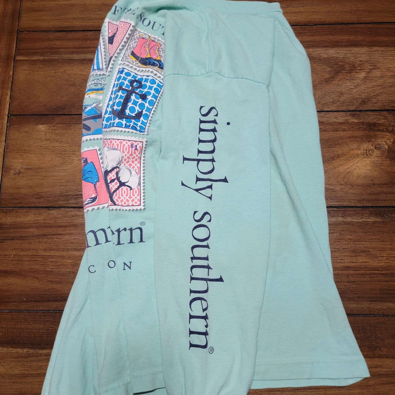 Simply Southern LS Teal Tee "Stamps Of The South" - Size Small