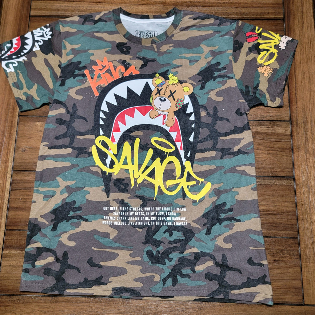 Fresh Laundry Green Camo Unisex Tee "Savage" Bear Shark Mouth - Size Large