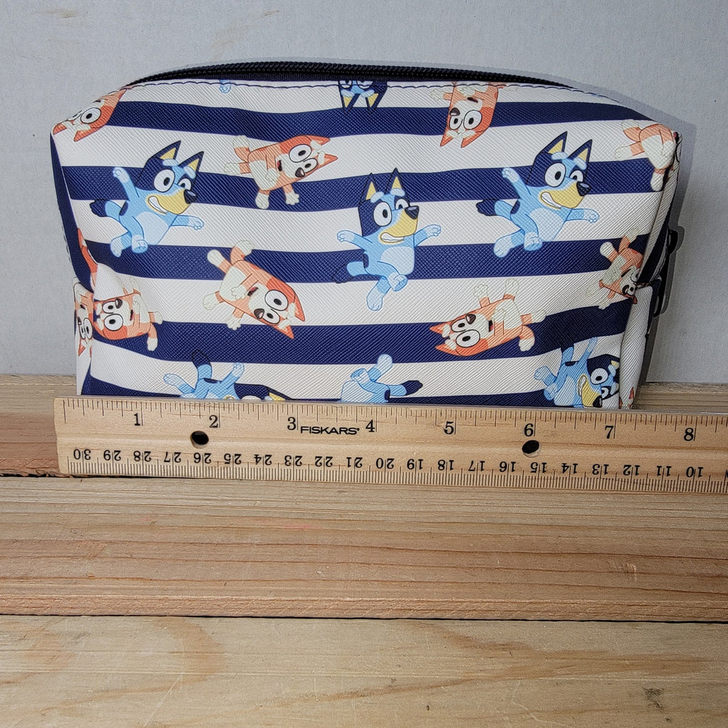 Bluey Blue & White Stripe Cosmetic Bag w/ All Over Characters & Zipper Closure